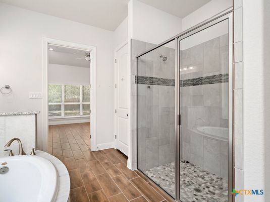 Bathroom, Glass Shower, Interior, Recessed Lighting, Wood Texture Flooring