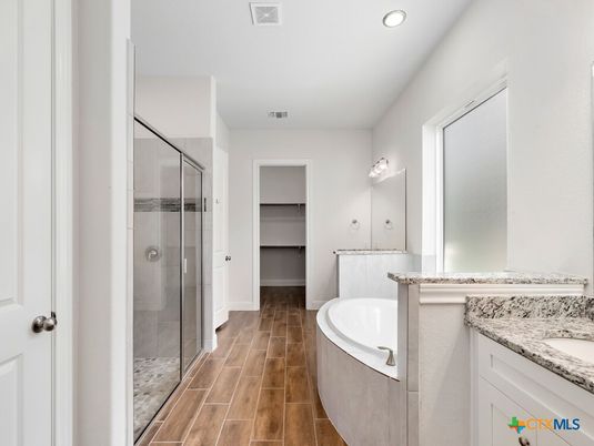 Bathroom, Glass Shower, Interior, Recessed Lighting, Wood Texture Flooring