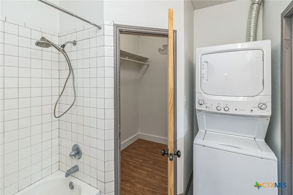Bathroom, Interior, Utility Closets, Washer, Wood Texture Flooring