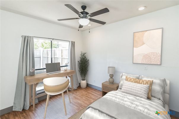 Bedroom, Home Office, Interior, Recessed Lighting, Wood Texture Flooring