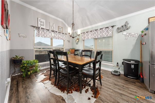 Dining room, Interior, Pendant Lights, Wood Texture Flooring