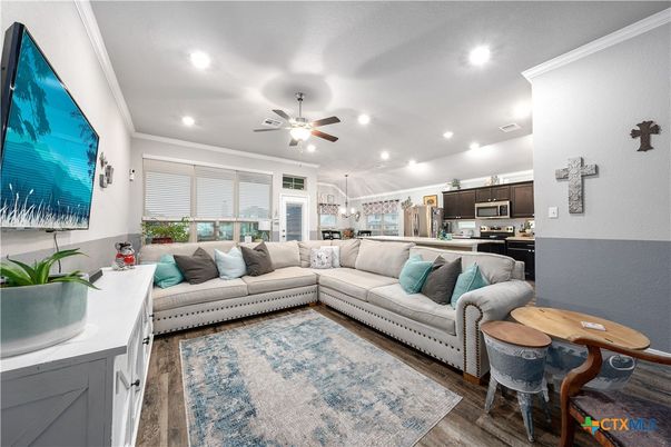 Dining room, Interior, Kitchen, Living room, Pendant Lights, Recessed Lighting, Stainless Steel Appliances, Wood Texture Flooring