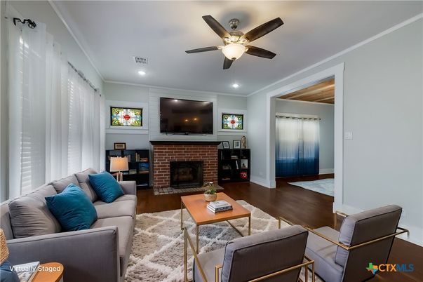 Fireplace, Interior, Living room, Recessed Lighting, Wood Texture Flooring