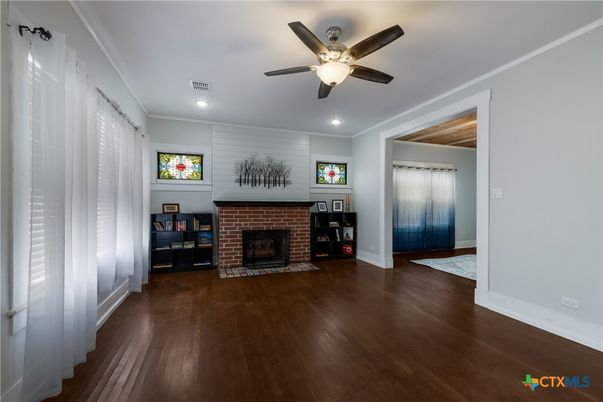 Empty room, Fireplace, Interior, Recessed Lighting, Wood Texture Flooring