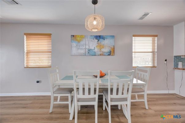 Dining room, Interior, Pendant Lights, Wood Texture Flooring