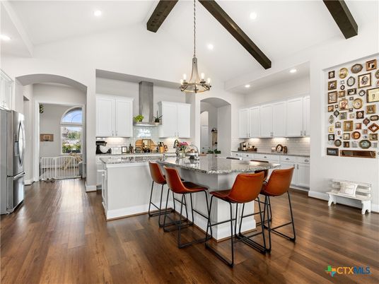 Chandelier, Interior, Kitchen, Pendant Lights, Recessed Lighting, Stainless Steel Appliances, Wooden Beams, Wood Texture Flooring