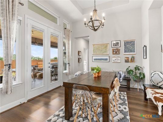 Chandelier, Dining room, Interior, Wood Texture Flooring