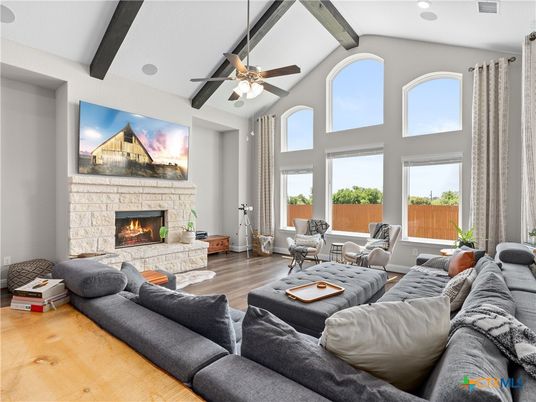 Fireplace, Interior, Living room, Recessed Lighting, Wooden Beams, Wood Texture Flooring