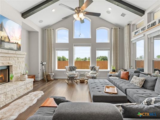 Fireplace, Interior, Living room, Recessed Lighting, Wooden Beams, Wood Texture Flooring