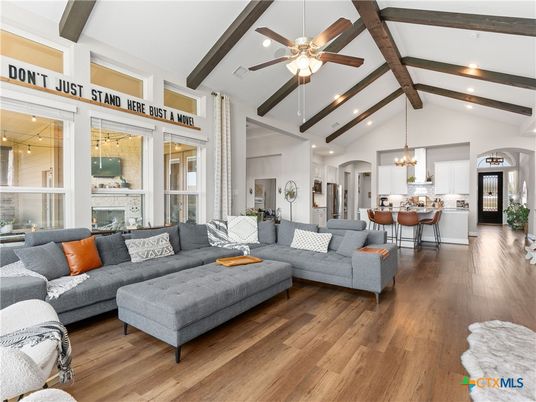 Chandelier, Dining room, Fireplace, Interior, Kitchen, Living room, Pendant Lights, Recessed Lighting, Wooden Beams, Wood Texture Flooring