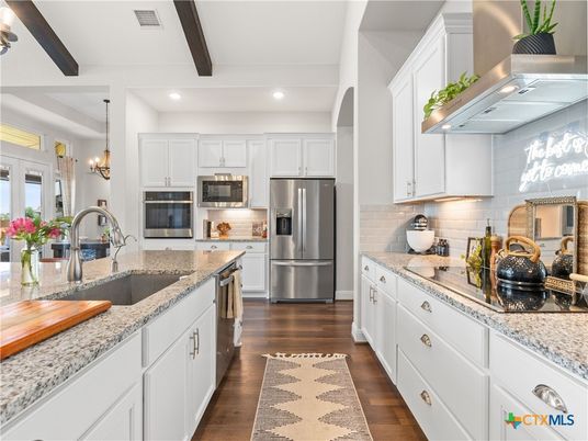 Chandelier, Interior, Kitchen, Pendant Lights, Recessed Lighting, Stainless Steel Appliances, Wooden Beams, Wood Texture Flooring