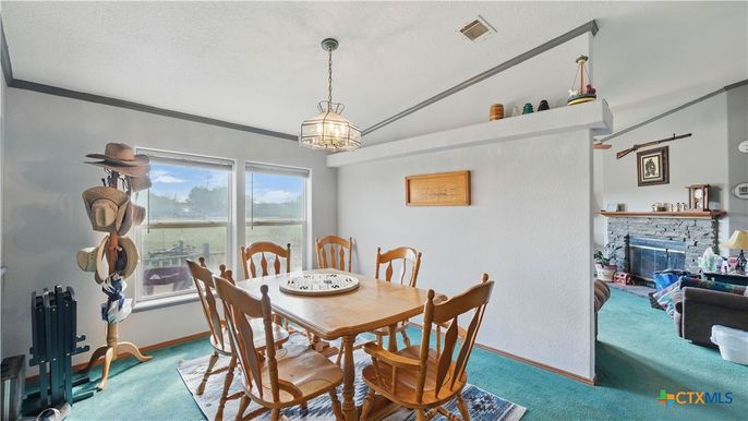 Dining room, Fireplace, Interior, Pendant Lights