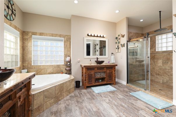 Bathroom, Glass Shower, Interior, Recessed Lighting, Wood Texture Flooring