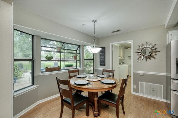 Dining room, Interior, Pendant Lights, Wood Texture Flooring