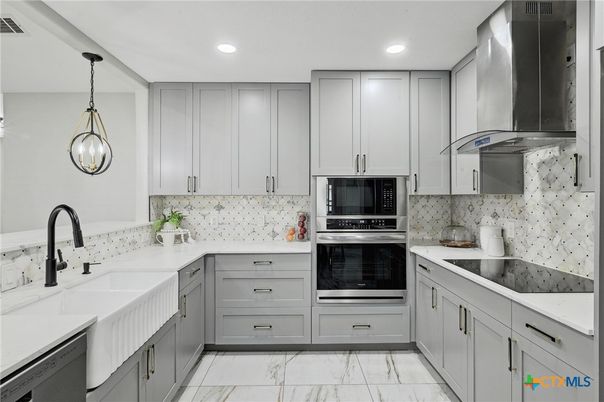 Interior, Kitchen, Marble, Pendant Lights, Recessed Lighting, Stainless Steel Appliances