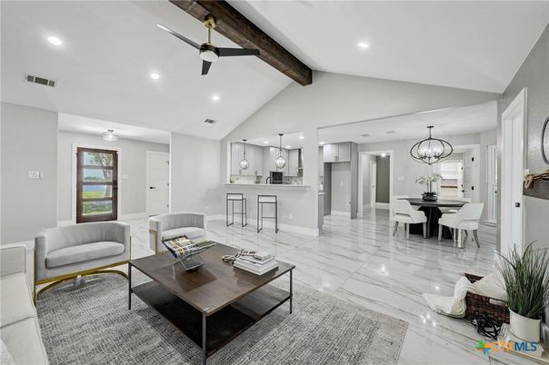 Chandelier, Dining room, Interior, Living room, Marble, Pendant Lights, Recessed Lighting, Wooden Beams