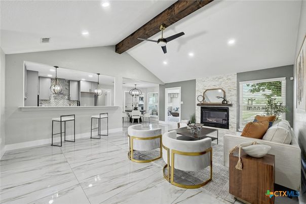 Fireplace, Interior, Kitchen, Living room, Marble, Pendant Lights, Recessed Lighting, Stone Walls, Wooden Beams