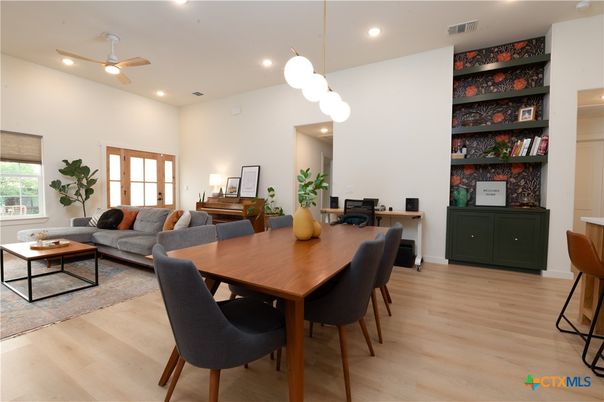 Dining room, Interior, Living room, Pendant Lights, Recessed Lighting, Wood Texture Flooring