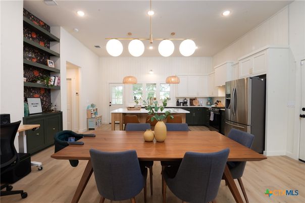 Dining room, Interior, Kitchen, Pendant Lights, Recessed Lighting, Wood Texture Flooring