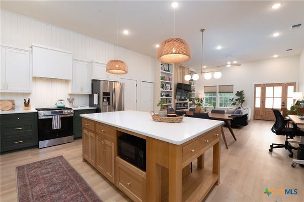 Interior, Kitchen, Pendant Lights, Recessed Lighting, Stainless Steel Appliances, Wood Texture Flooring