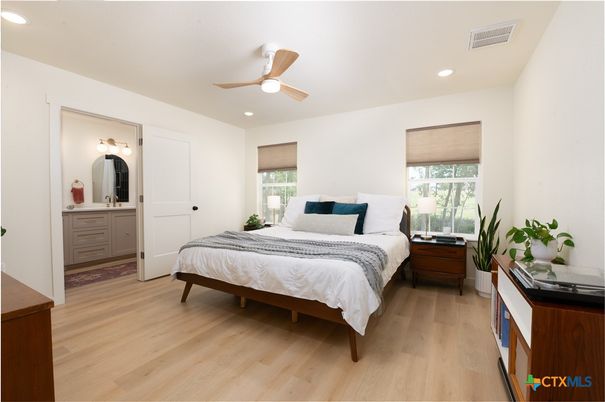 Bedroom, Interior, Recessed Lighting, Wood Texture Flooring
