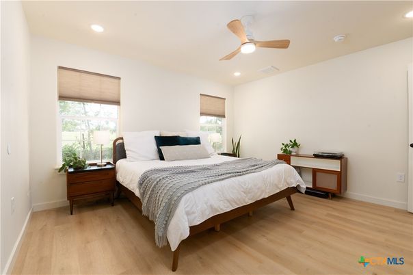 Bedroom, Interior, Recessed Lighting, Wood Texture Flooring