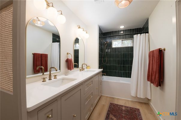 Bathroom, Dual Sink Vanities, Interior, Recessed Lighting, Wood Texture Flooring