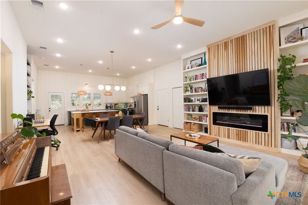 Dining room, Interior, Kitchen, Living room, Pendant Lights, Piano, Recessed Lighting, Wood Texture Flooring