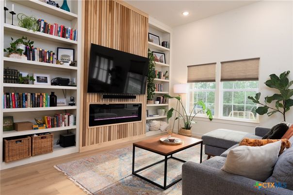 Fireplace, Interior, Living room, Recessed Lighting, Wood Texture Flooring