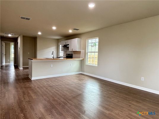 Empty room, Interior, Kitchen, Recessed Lighting, Wood Texture Flooring