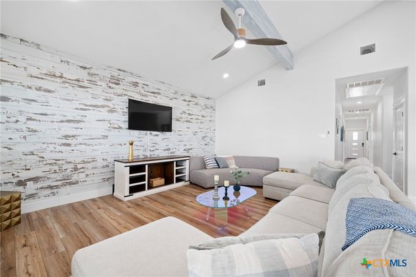 Interior, Living room, Recessed Lighting, Stone Walls, Wood Texture Flooring