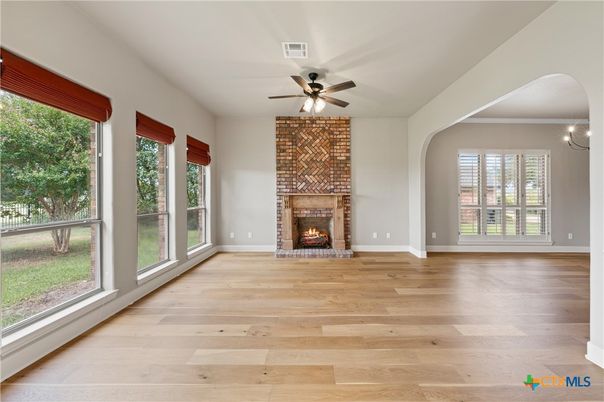 Empty room, Fireplace, Interior, Stone Walls, Wood Texture Flooring