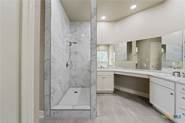 Bathroom, Dual Sink Vanities, Interior, Marble Walls, Recessed Lighting