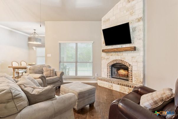 Fireplace, Interior, Living room, Pendant Lights, Stone Walls