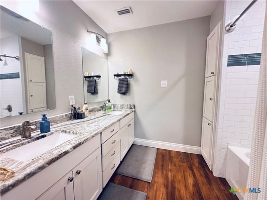 Bathroom, Dual Sink Vanities, Interior, Wood Texture Flooring