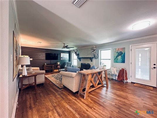 Interior, Living room, Stone Walls, Wood Texture Flooring