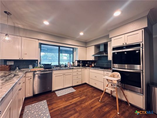 Interior, Kitchen, Pendant Lights, Recessed Lighting, Stainless Steel Appliances, Wood Texture Flooring