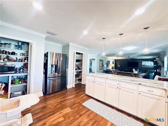 Interior, Kitchen, Pendant Lights, Recessed Lighting, Stainless Steel Appliances, Wood Texture Flooring