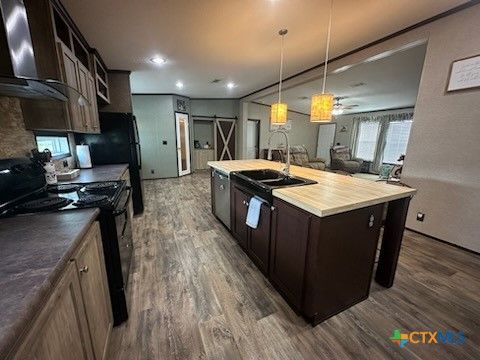 Chandelier, Interior, Kitchen, Pendant Lights, Recessed Lighting, Wood Texture Flooring