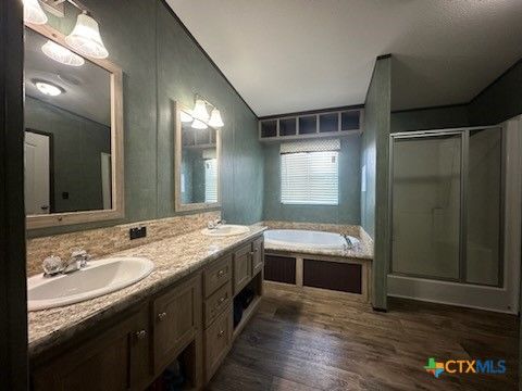 Bathroom, Dual Sink Vanities, Glass Shower, Interior, Wood Texture Flooring