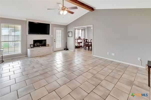Dining room, Empty room, Fireplace, Interior, Wooden Beams