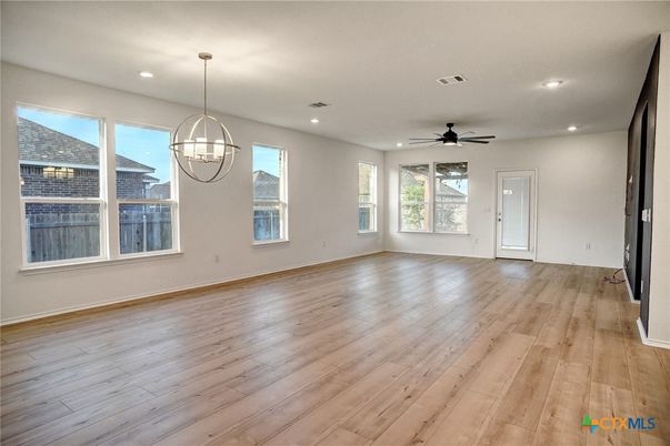 Empty room, Interior, Pendant Lights, Recessed Lighting, Wood Texture Flooring