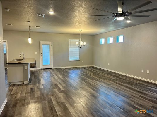 Chandelier, Empty room, Interior, Pendant Lights, Recessed Lighting, Wood Texture Flooring
