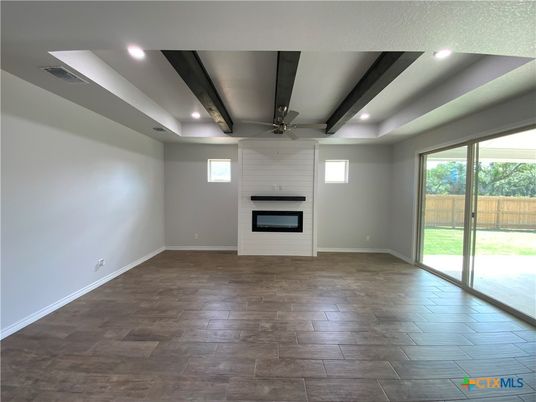Empty room, Fireplace, Interior, Recessed Lighting, Wood Texture Flooring