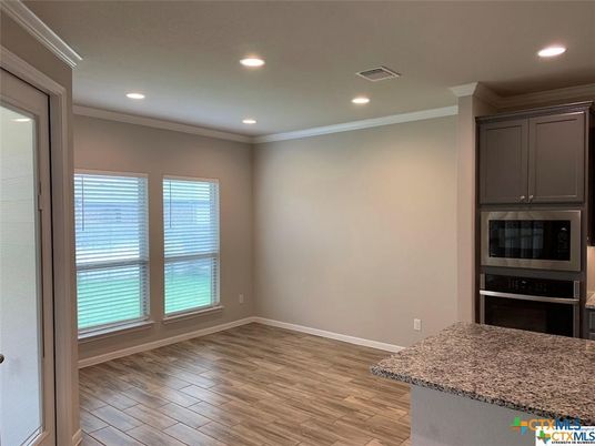 Empty room, Interior, Kitchen, Recessed Lighting, Wood Texture Flooring