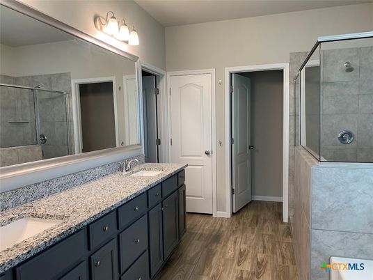 Bathroom, Dual Sink Vanities, Glass Shower, Interior, Wood Texture Flooring