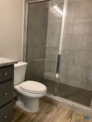 Bathroom, Glass Shower, Interior, Wood Texture Flooring
