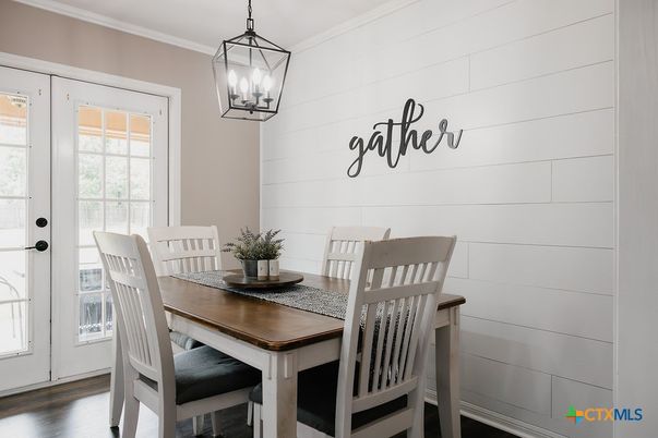 Dining room, Interior, Pendant Lights, Wood Texture Flooring