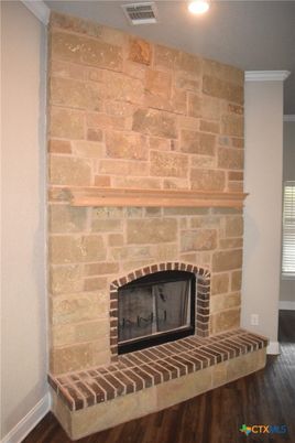 Fireplace, Interior, Recessed Lighting, Stone Walls, Wood Texture Flooring
