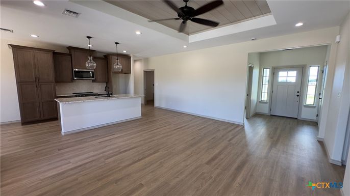Interior, Kitchen, Pendant Lights, Recessed Lighting, Stainless Steel Appliances, Wood Texture Flooring